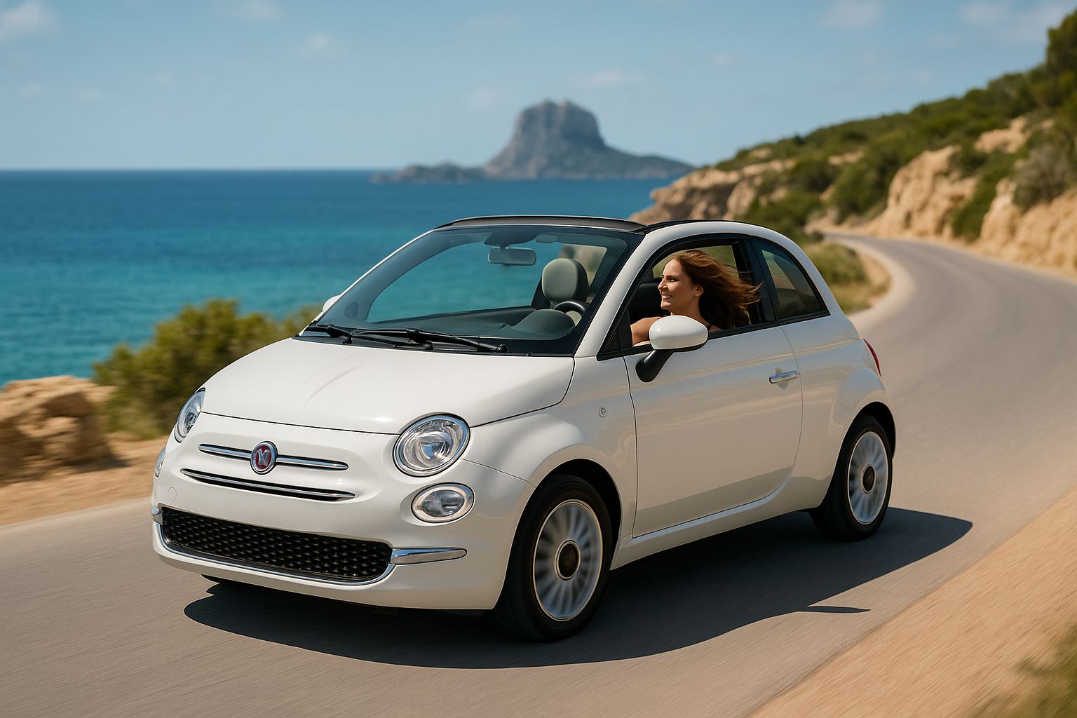Alquiler por día Fiat 500 descapotable en Ibiza