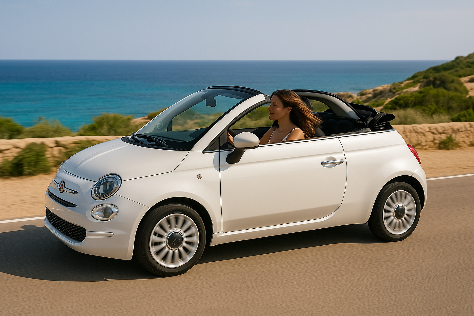 Alquiler mensual coche descapotable Fiat 500 Cabrio en Ibiza